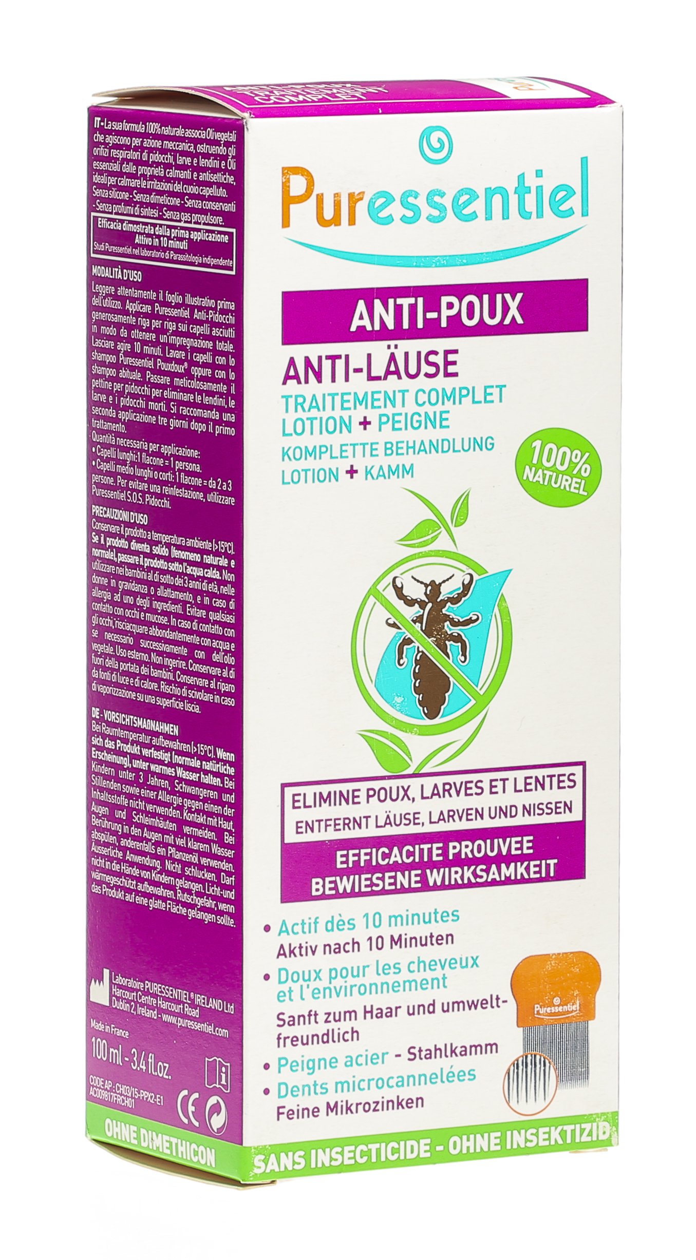 Puressentiel anti-poux lotion+peigne pour des cheveux propres et brillants.